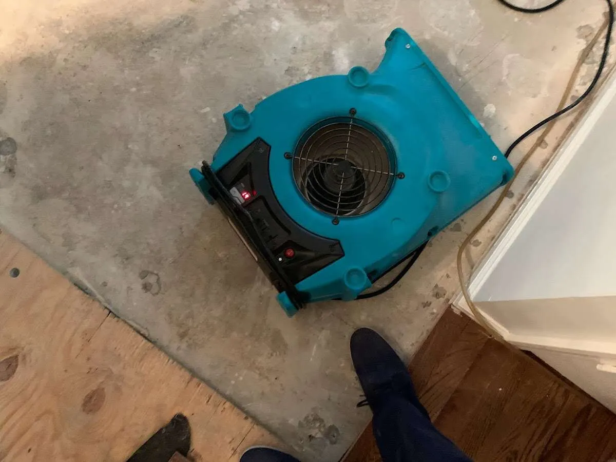 Air mover drying subfloor during Leak Detection & Repair in Watchung